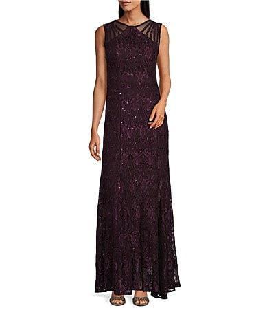 R  M Richards Illusion Shoulder High V-Neck Sleeveless Lace Sheath Gown Product Image