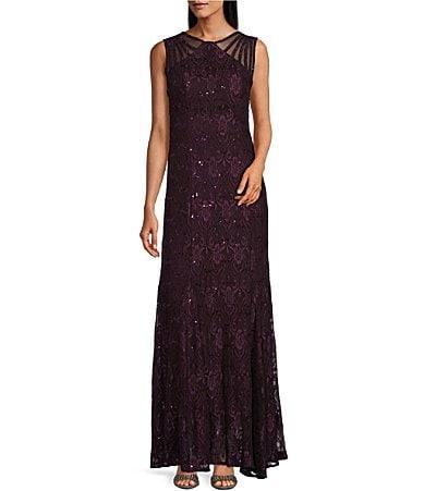 R  M Richards Illusion Shoulder High V-Neck Sleeveless Lace Sheath Gown Product Image