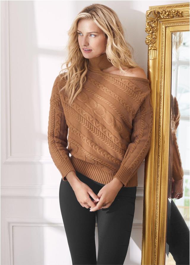 One-Shoulder Turtleneck Sweater - Brown Product Image