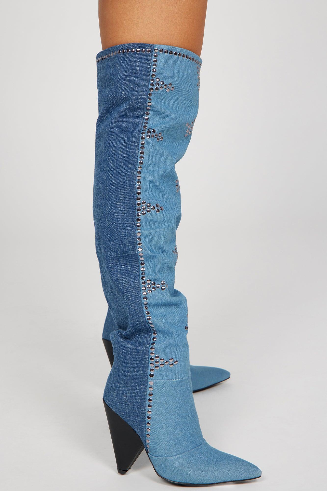 Came To Win Over The Knee Heeled Boots - Denim Product Image