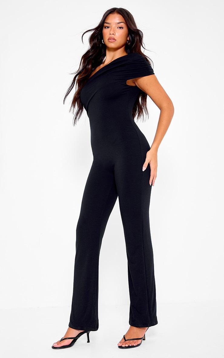 Black Double Layer Contour Jersey Asymmetric Ruched Detail Jumpsuit Product Image