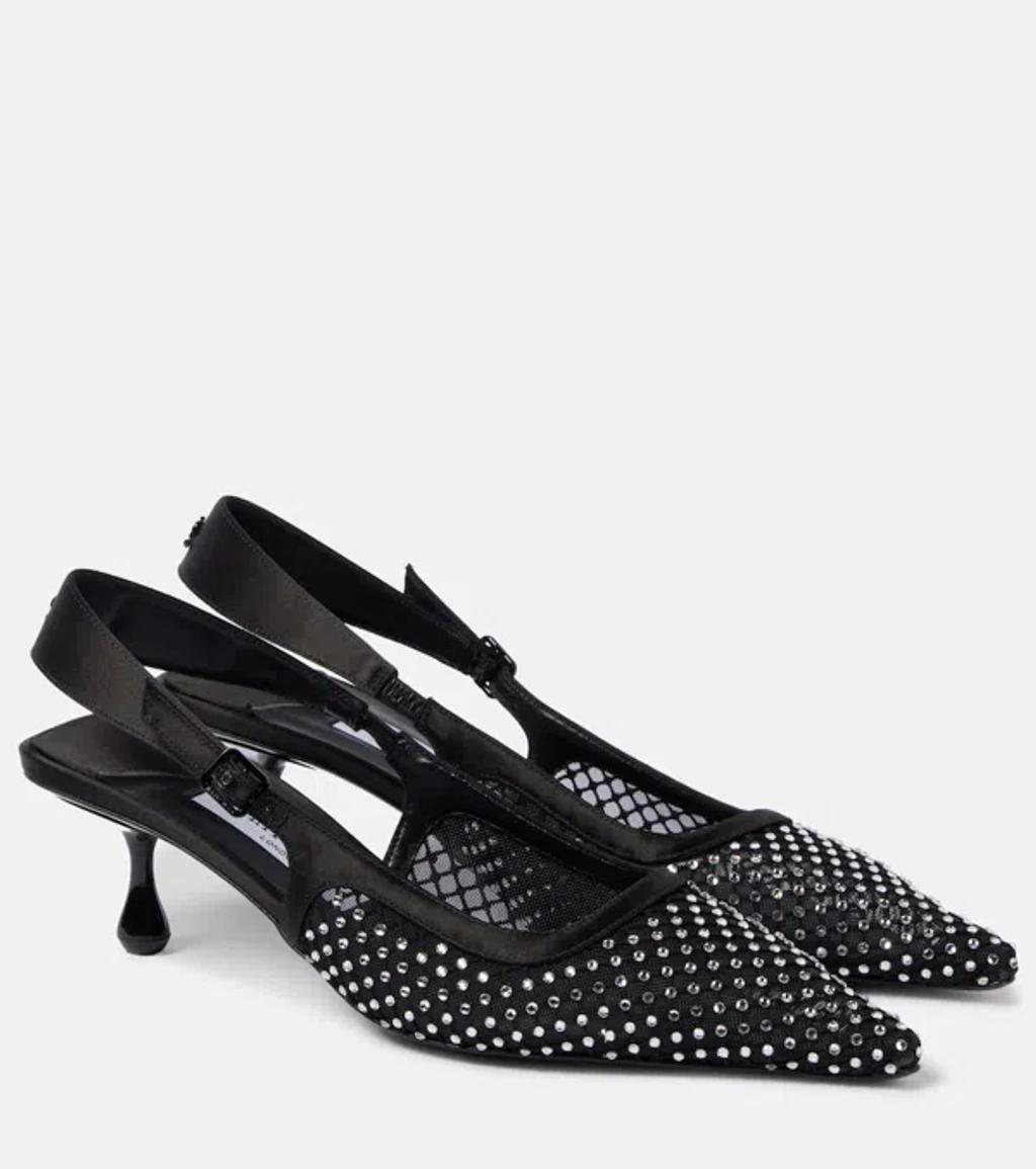 JIMMY CHOO Amel 50 Crystal-embellished Mesh And Satin Pointed-toe Slingback Pumps In Black Product Image