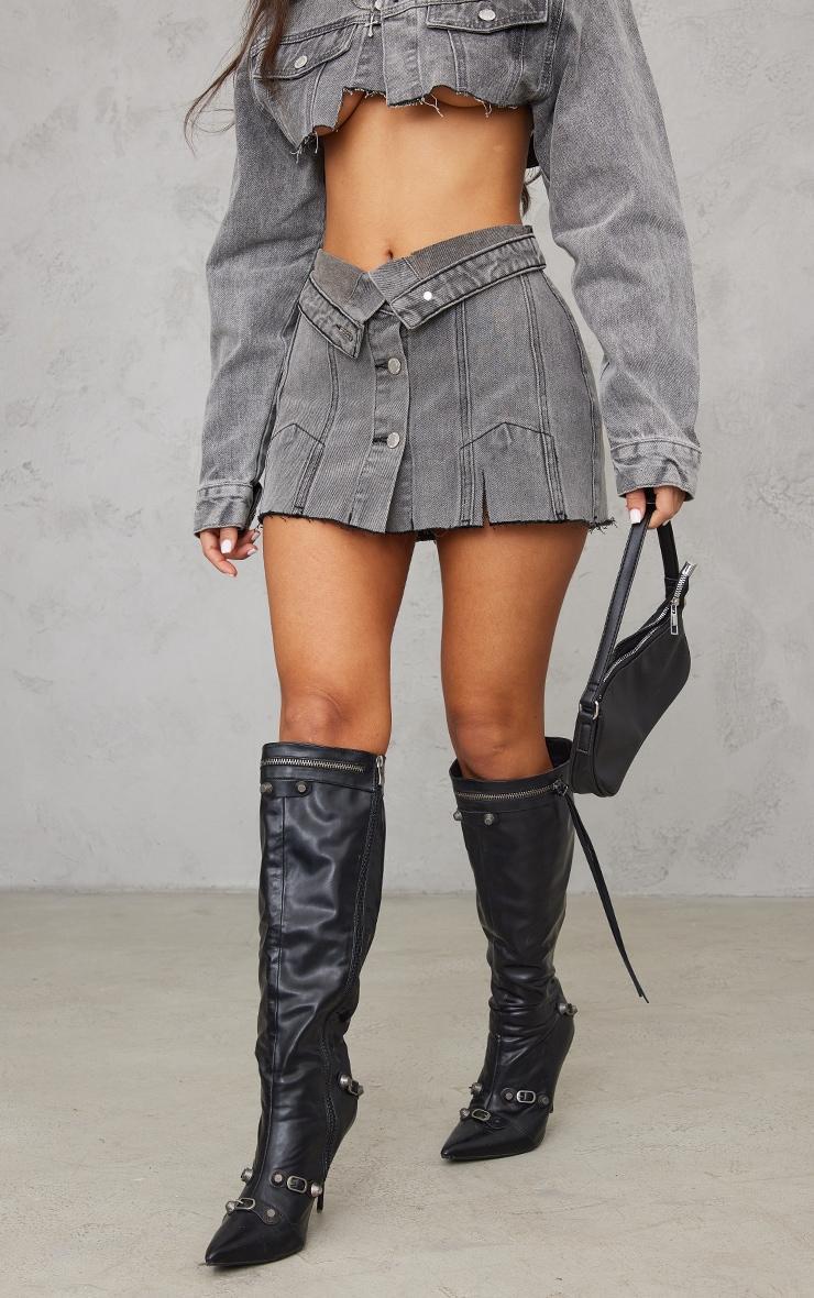 Petite Grey Distressed Denim Foldover Micro Mini Skirt Product Image