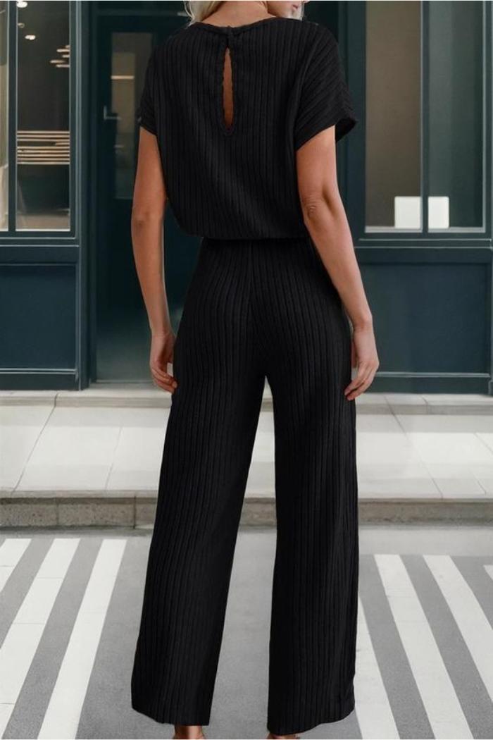 Solid Color Ribbed Short Sleeve Wide Leg Jumpsuit Product Image