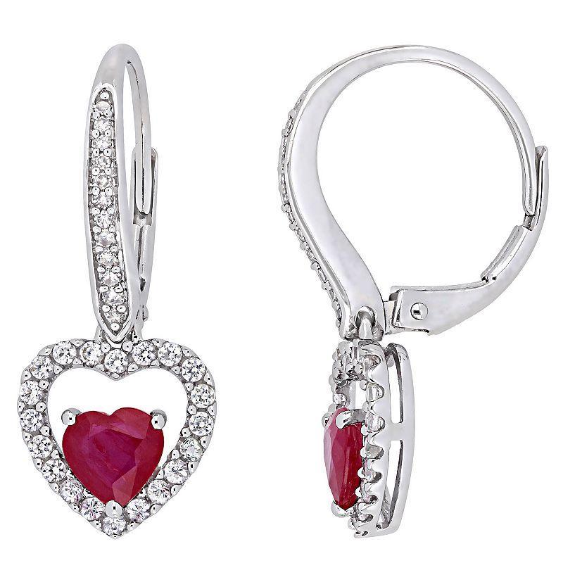 Stella Grace 14k White Gold Ruby, White Sapphire & 1/10 Carat T.W. Diamond Heart Drop Earrings, Womens Product Image