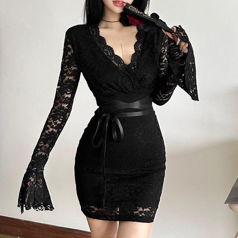 Long-Sleeve V-Neck Lace Mini Bodycon Dress Product Image