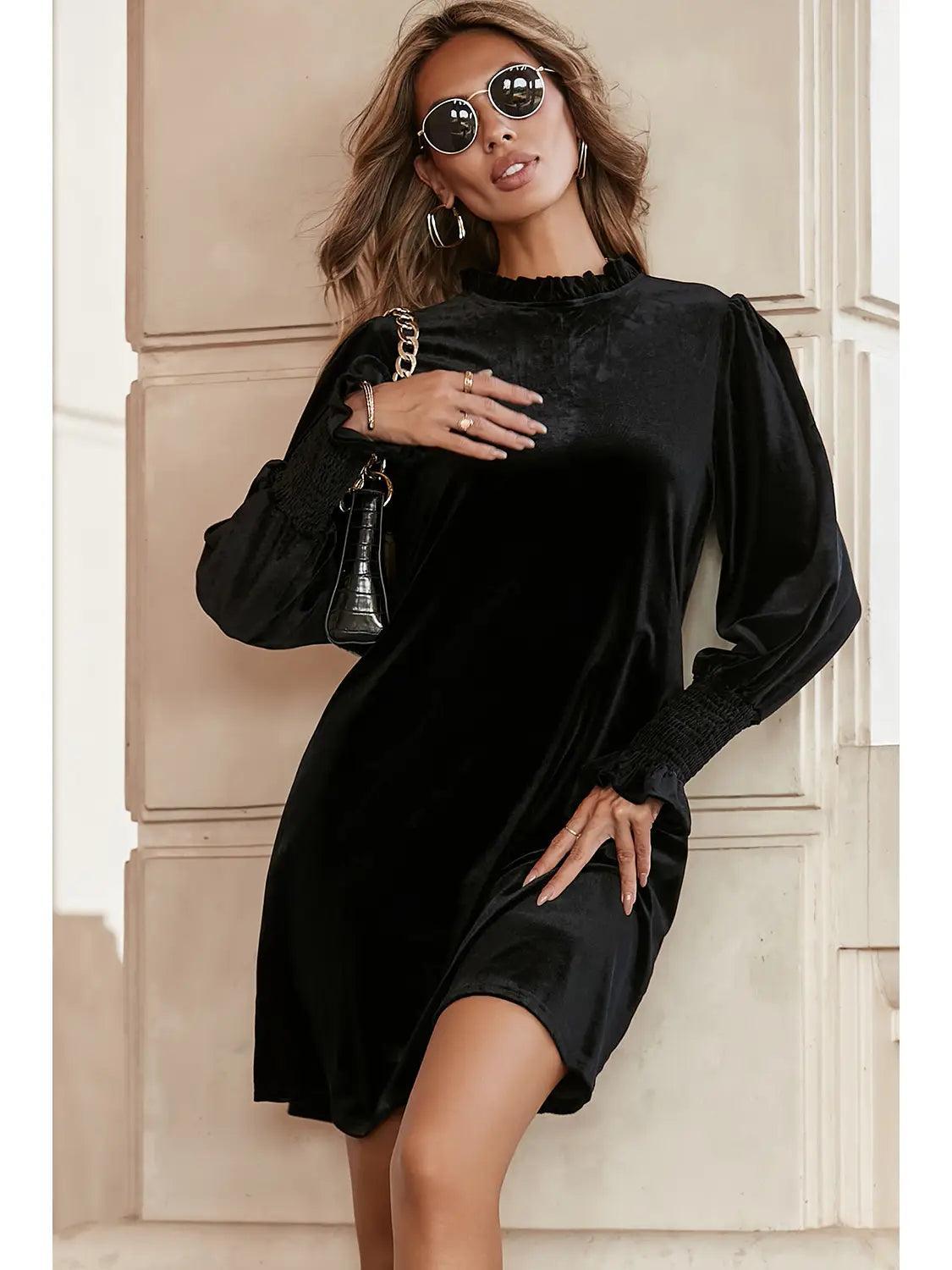 Black Velvet Frill Neck Long Sleeve Shift Dress Female Product Image