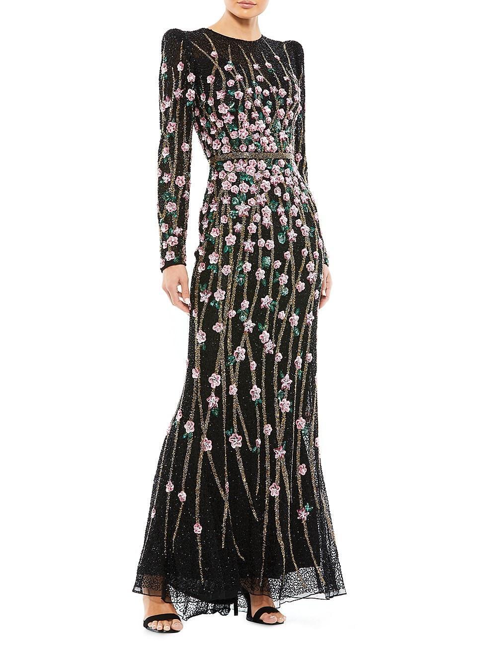 Mac Duggal Sequin and Beaded Jewel Neckline Long Sleeve Gown Product Image