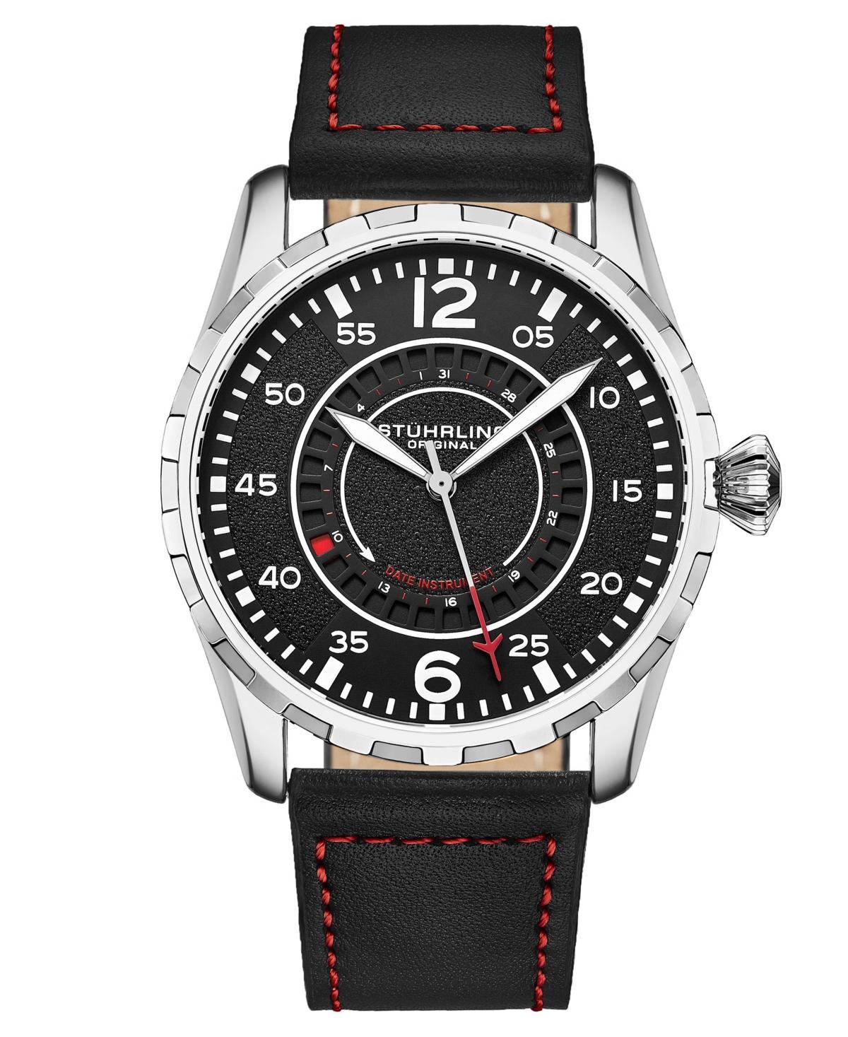 Mens Quartz Black Genuine Leather with Red Contrast Stitching Strap Watch 44mm - Black Product Image