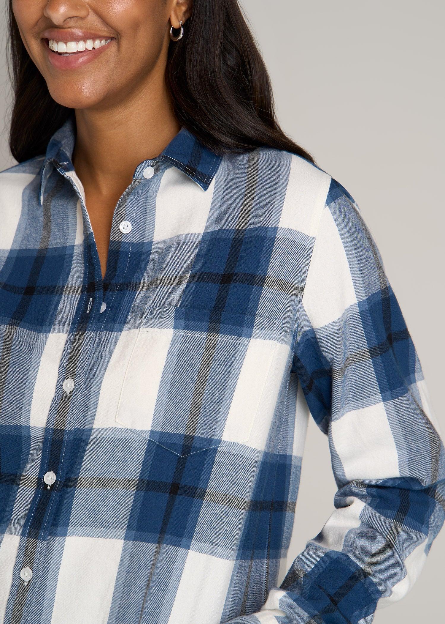 Flannel Button-Up Shirt for Tall Women in Ocean Blue and White Female Product Image