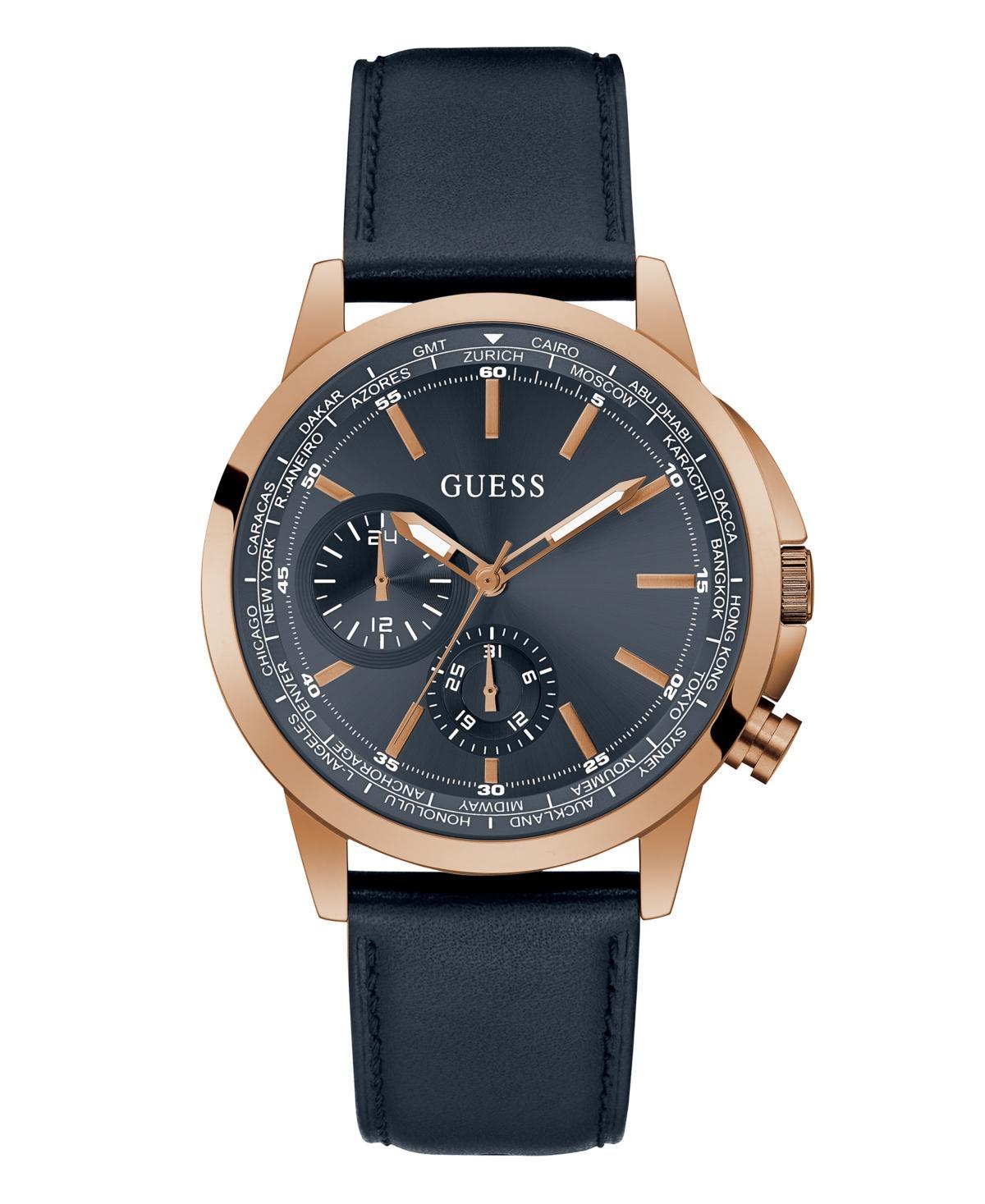 Guess Mens Rose Gold-Tone Navy Genuine Leather Multi-Function Strap Watch, 44mm Product Image