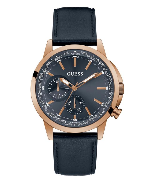 Guess Mens Rose Gold-Tone Navy Genuine Leather Multi-Function Strap Watch, 44mm Product Image