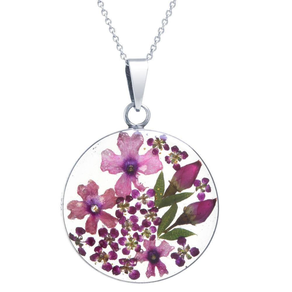 Womens Sterling Silver Burgundy Pressed Flowers Small Round Pendant Chain Necklace (18) Product Image