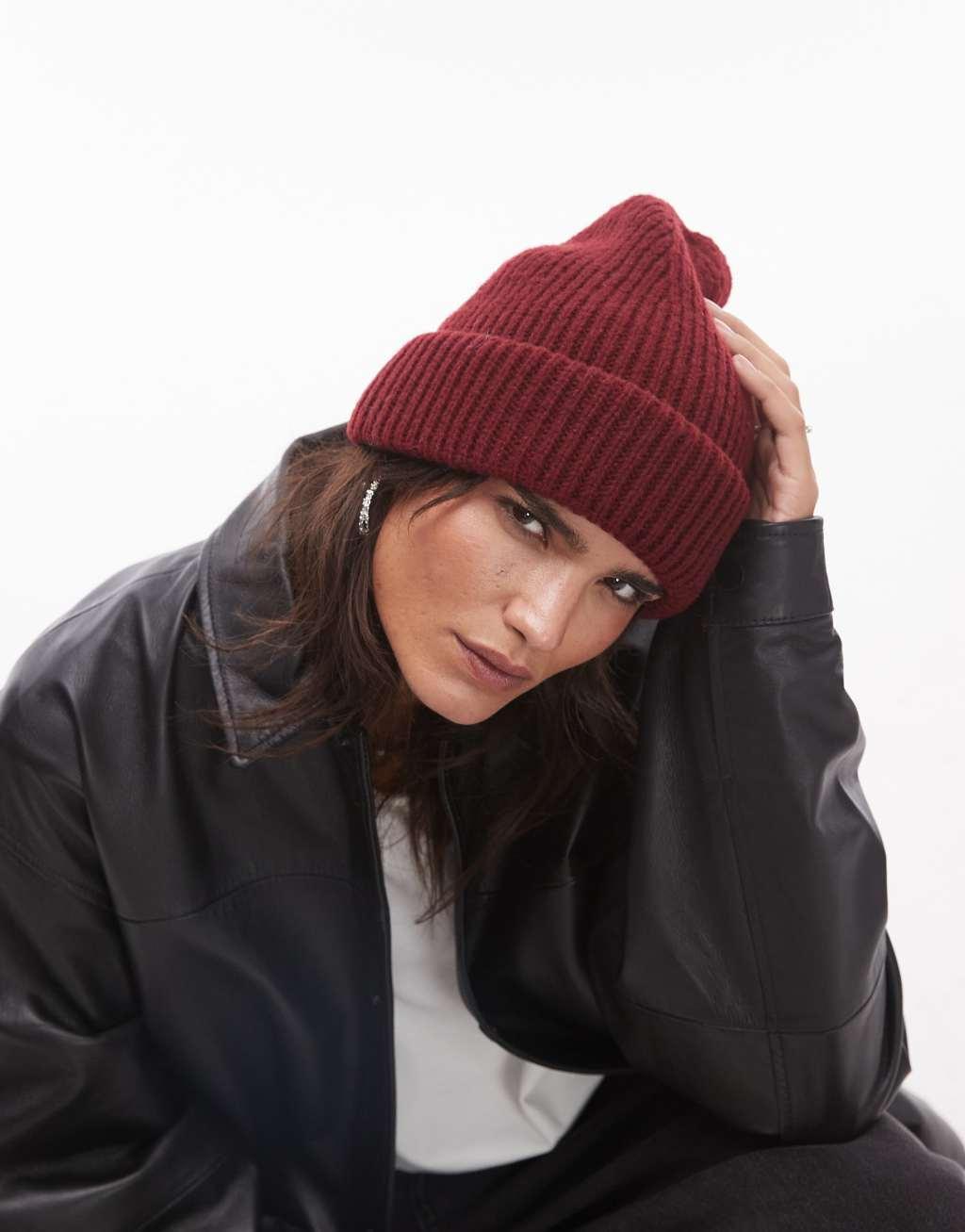 Topshop Henry ribbed beanie in red Product Image