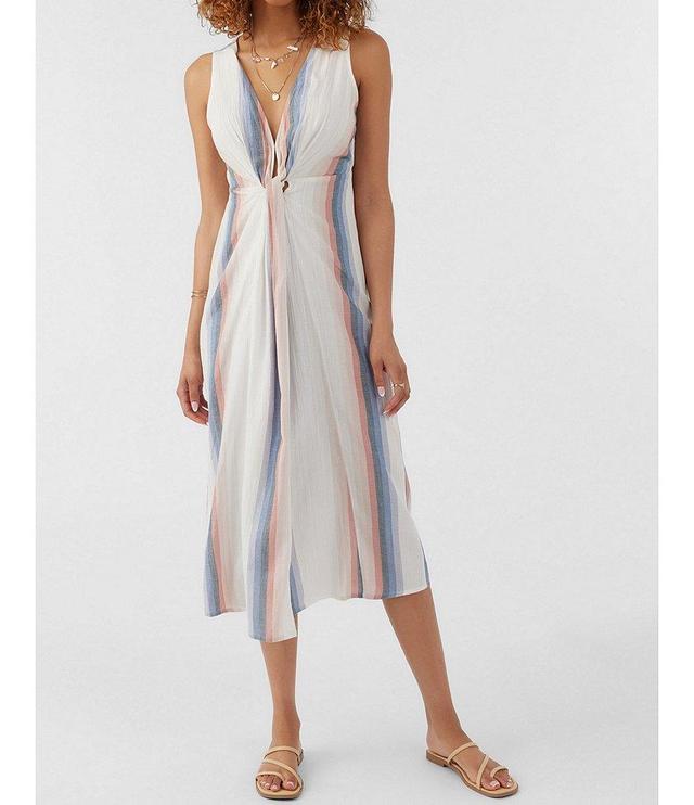 O'Neill Flint Stripe Print V-Neck Front Slit Midi Dress Product Image