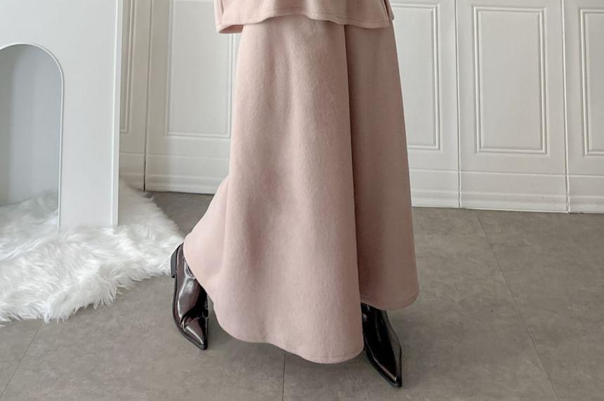 Set: Long-Sleeve Plain Loose-Fit Top + Drawstring Waist A-Line Midi Skirt Product Image