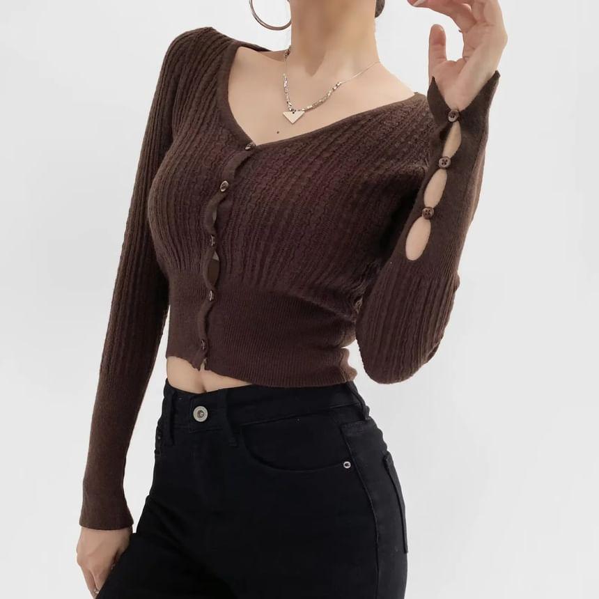 V-Neck Plain Ribbed Crop Cardigan Product Image