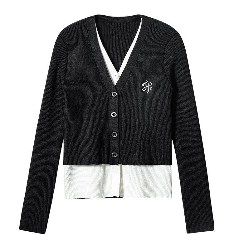 Mock Two-Piece Long-Sleeve V-Neck Two Tone Embroidered Ribbed Button Knit Top Product Image