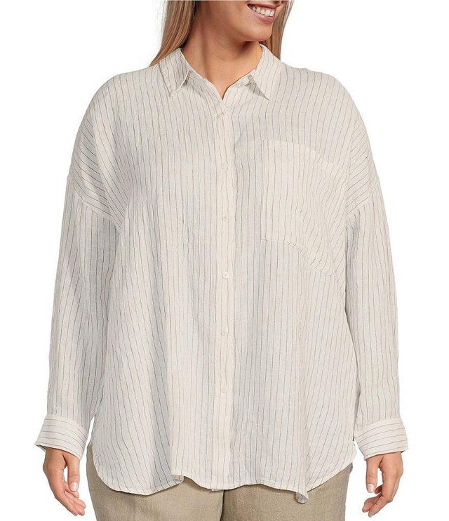 Eileen Fisher Plus Size Puckered Organic Linen Stripe Print Point Collar Long Sleeve Button-Front Shirt Product Image