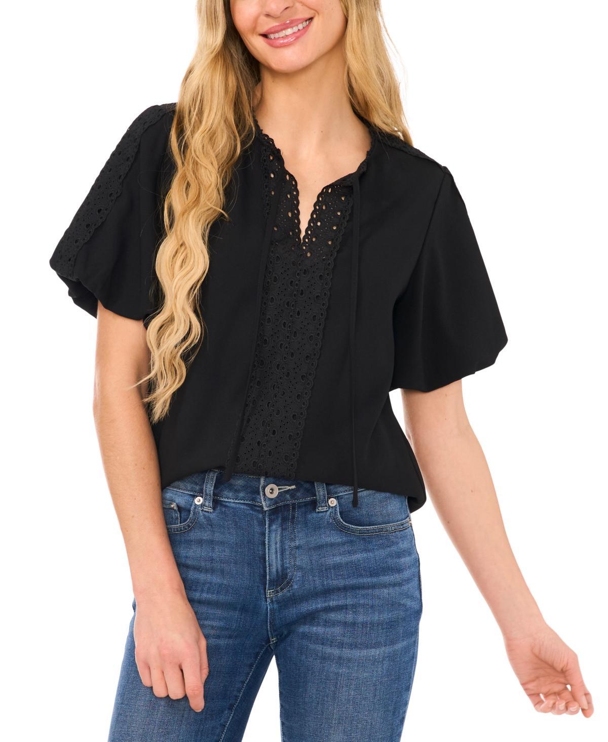 Women's Eyelet-Trim Split-Neck Puff-Sleeve Blouse  Product Image