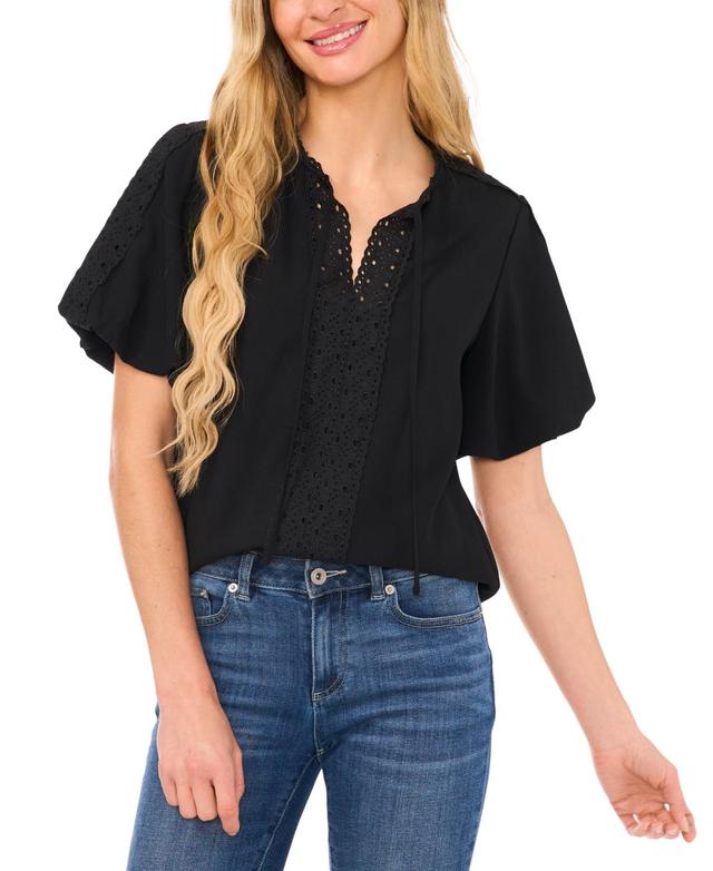 CeCe Womens Eyelet-Trim Split-Neck Puff-Sleeve Blouse Product Image