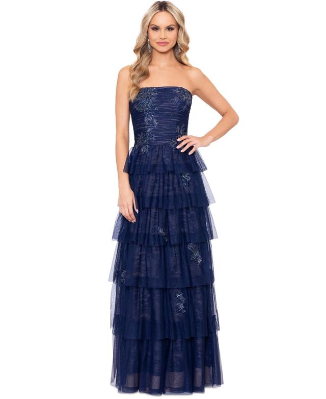 Xscape Womens Off-The-Shoulder Tiered Mesh Ballgown - Navy Product Image