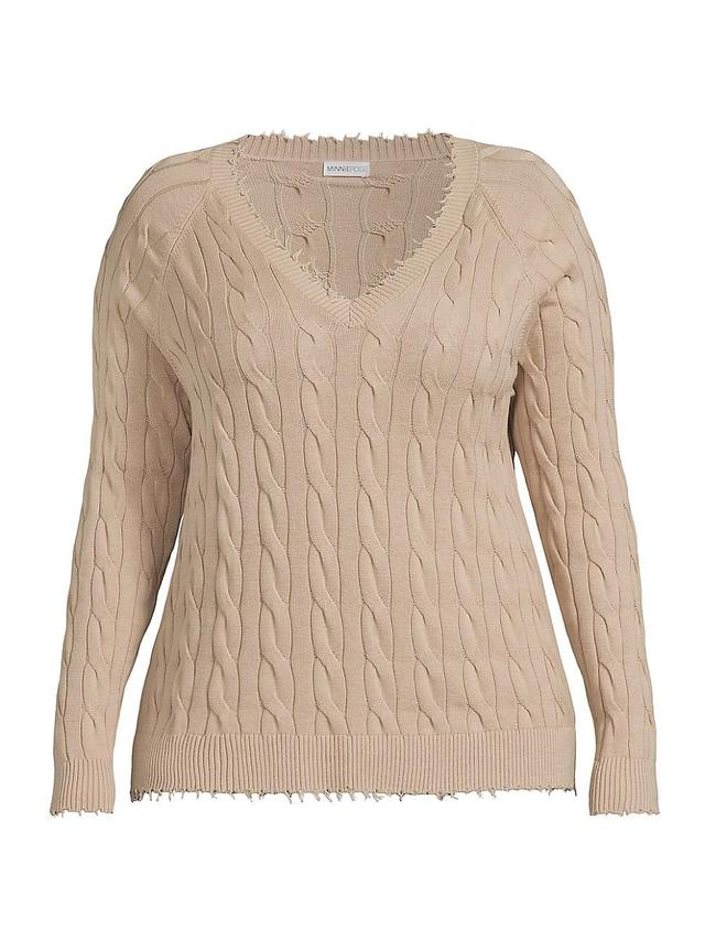 Womens Frayed Cable-Knit V-Neck Sweater Product Image