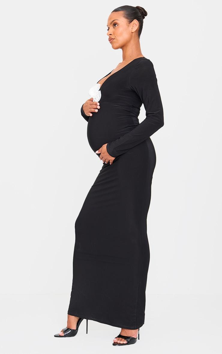 Maternity Black Rose Detail Long Sleeve Maxi Dress Product Image