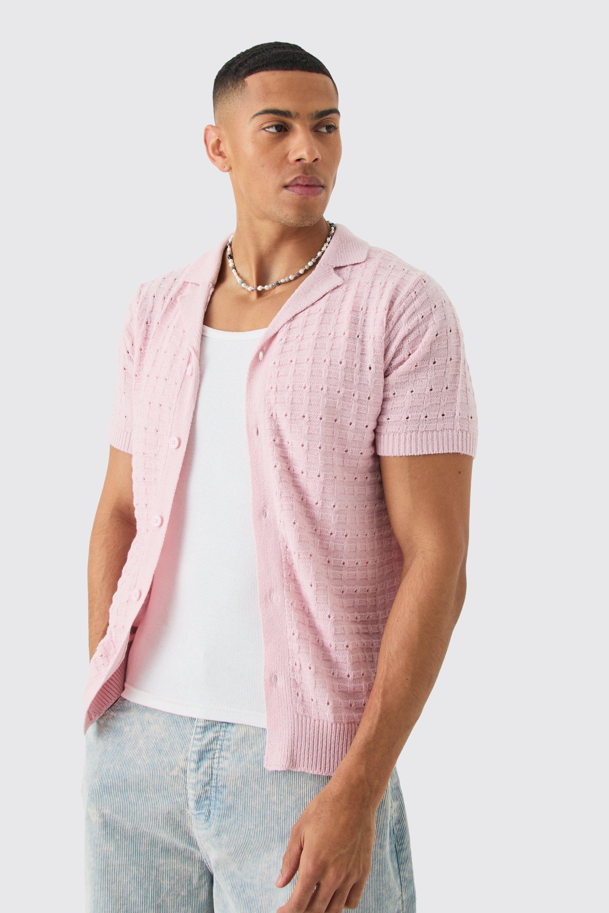 Open Stitch Button Down Knitted Shirt In Pink | boohooMAN USA Product Image