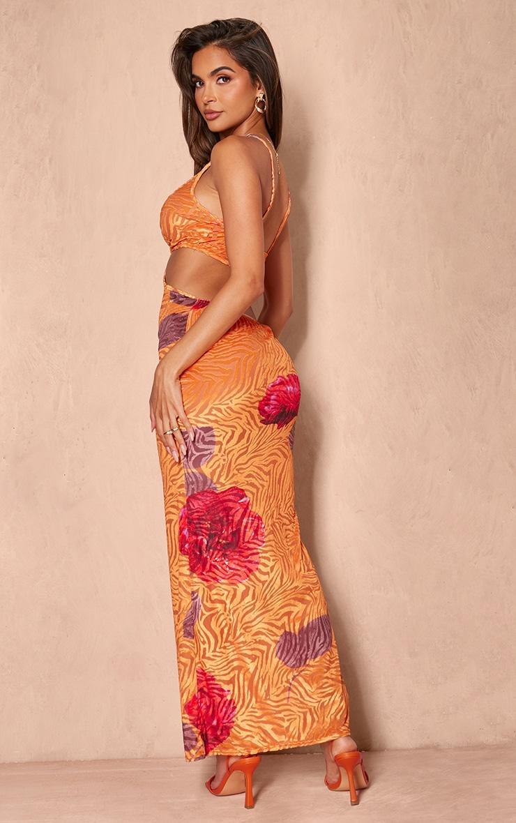  Orange Floral Print Devore Cut Out Maxi Dress Product Image