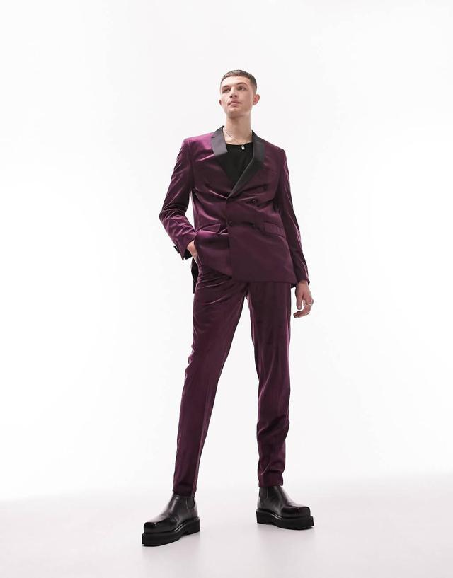 Topman tapered velvet suit pants in purple Product Image