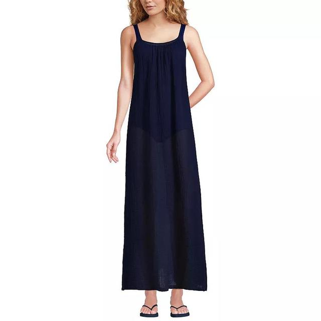 Womens Lands End Cotton Gauze Scoop Neck Swim Cover-Up Maxi Dress Deep Blue Product Image