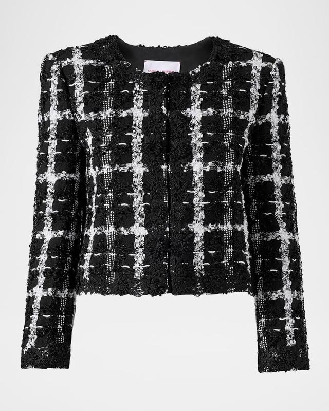 Collarless Metallic Check Tweed Crop Jacket Product Image