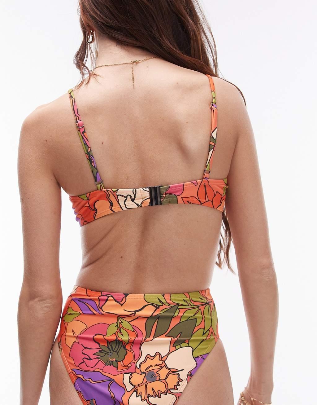 Topshop underwire bikini top with ring trims in abstract floral print Product Image