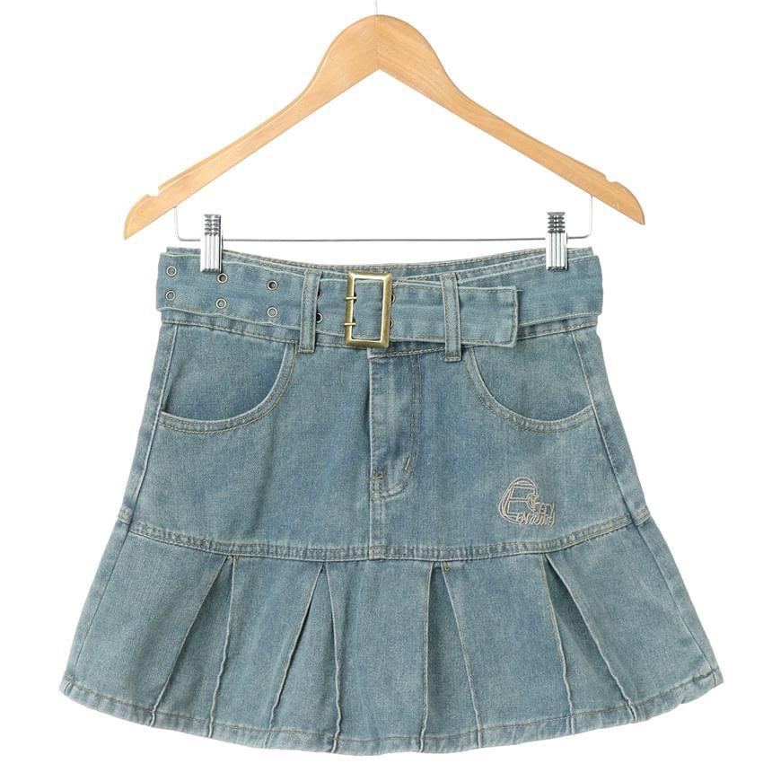 High Rise Belted Denim Mini A-Line  Skirt Product Image