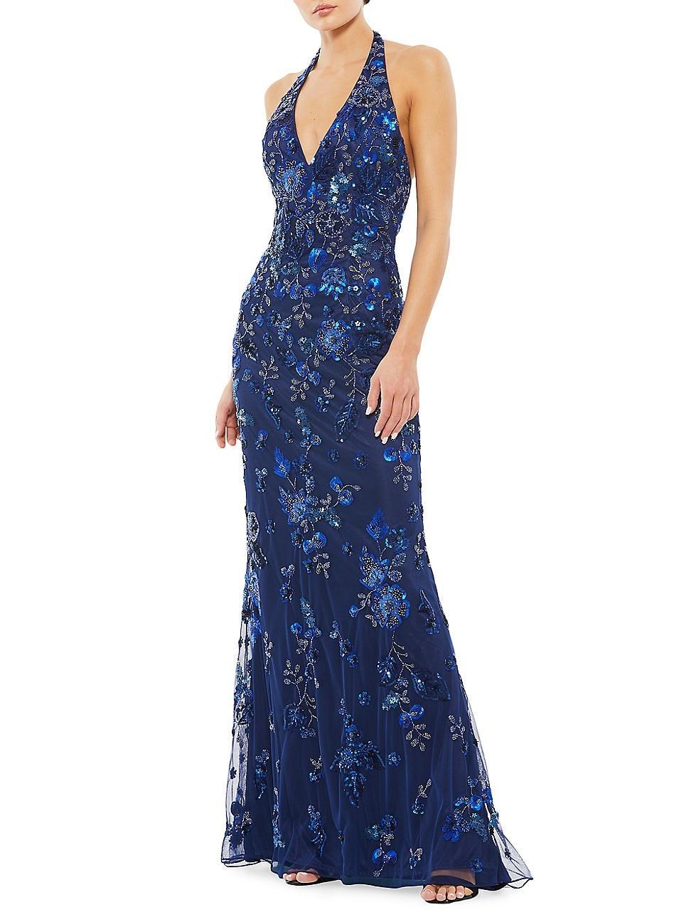 Mac Duggal Sequin Floral Halter Neck Sheath Gown Product Image