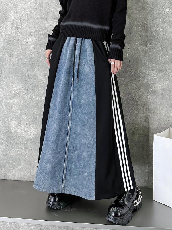 A-Line Loose Contrast Color Drawstring Split-Joint Striped Skirts Bottoms Product Image