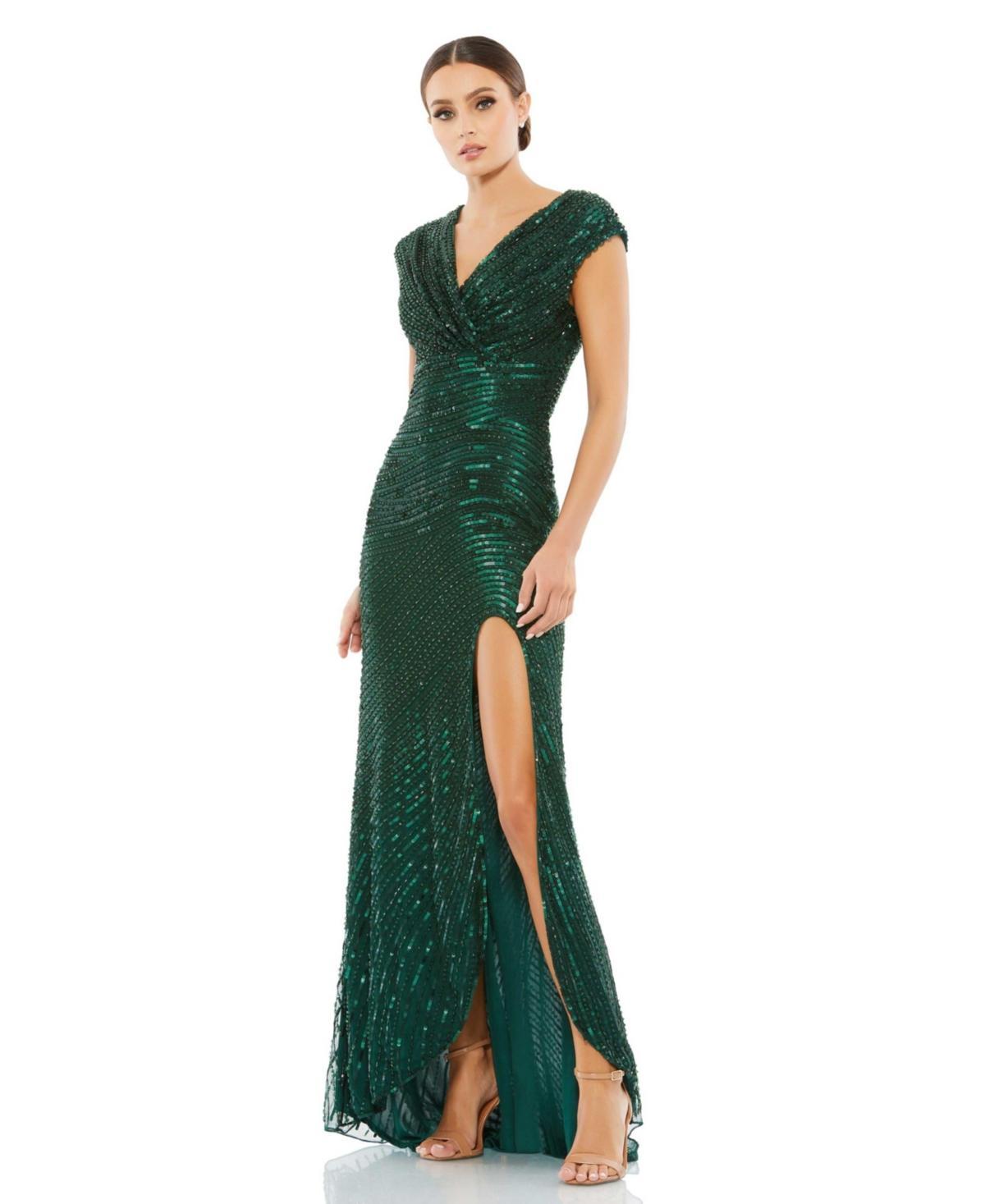 Womens Cap Sleeve Sequined Long Gown Product Image