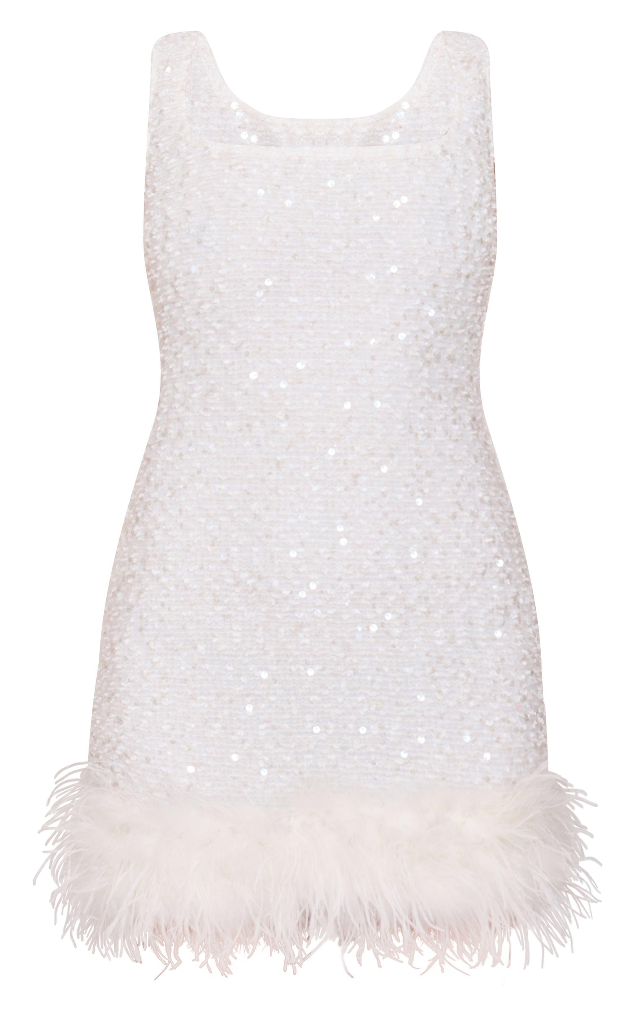 White Sequin Scoop Neck Feather Hem Shift Dress Product Image