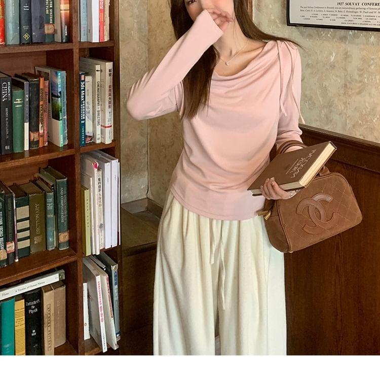 Long-Sleeve Cowl Neck Plain Bow Accent Slim Fit Crop T-Shirt Product Image