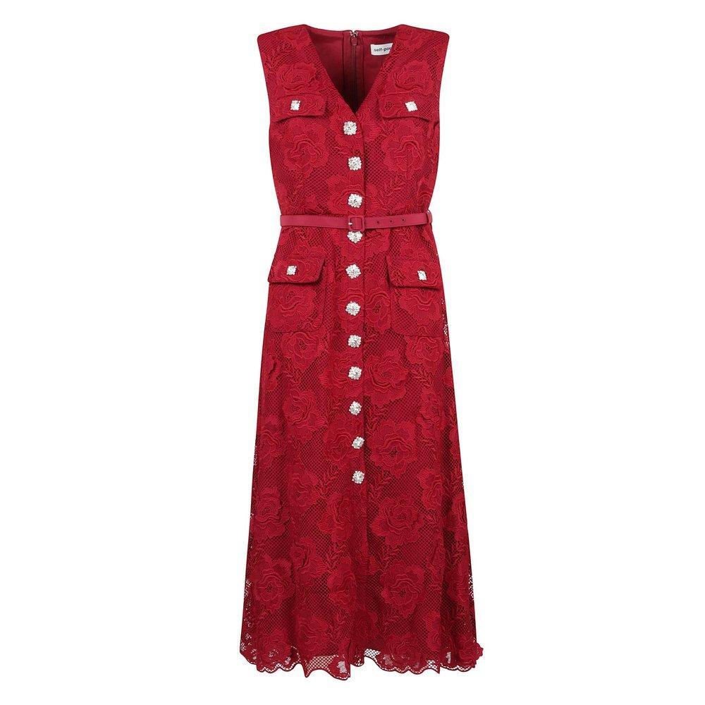 Crystal-buttons Lace Midi Dress In Red Product Image