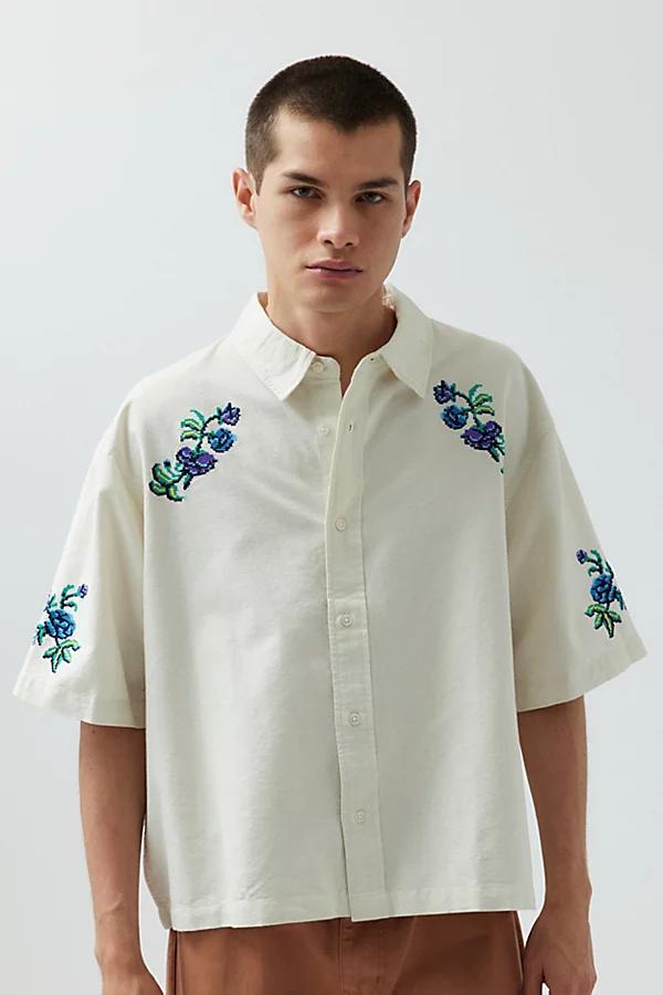 Urban Outfitters UO Embroidered Cropped Short Sleeve Button-Down Shirt Top Mens at Urban Outfitters Product Image