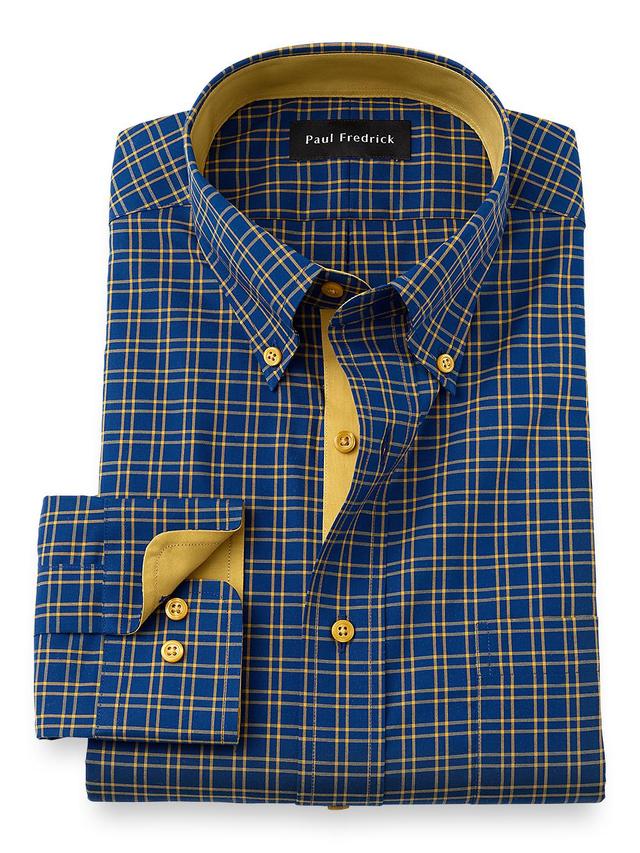 Non-Iron Cotton Check Dress Shirt With Contrast Trim - Navy/gold Product Image