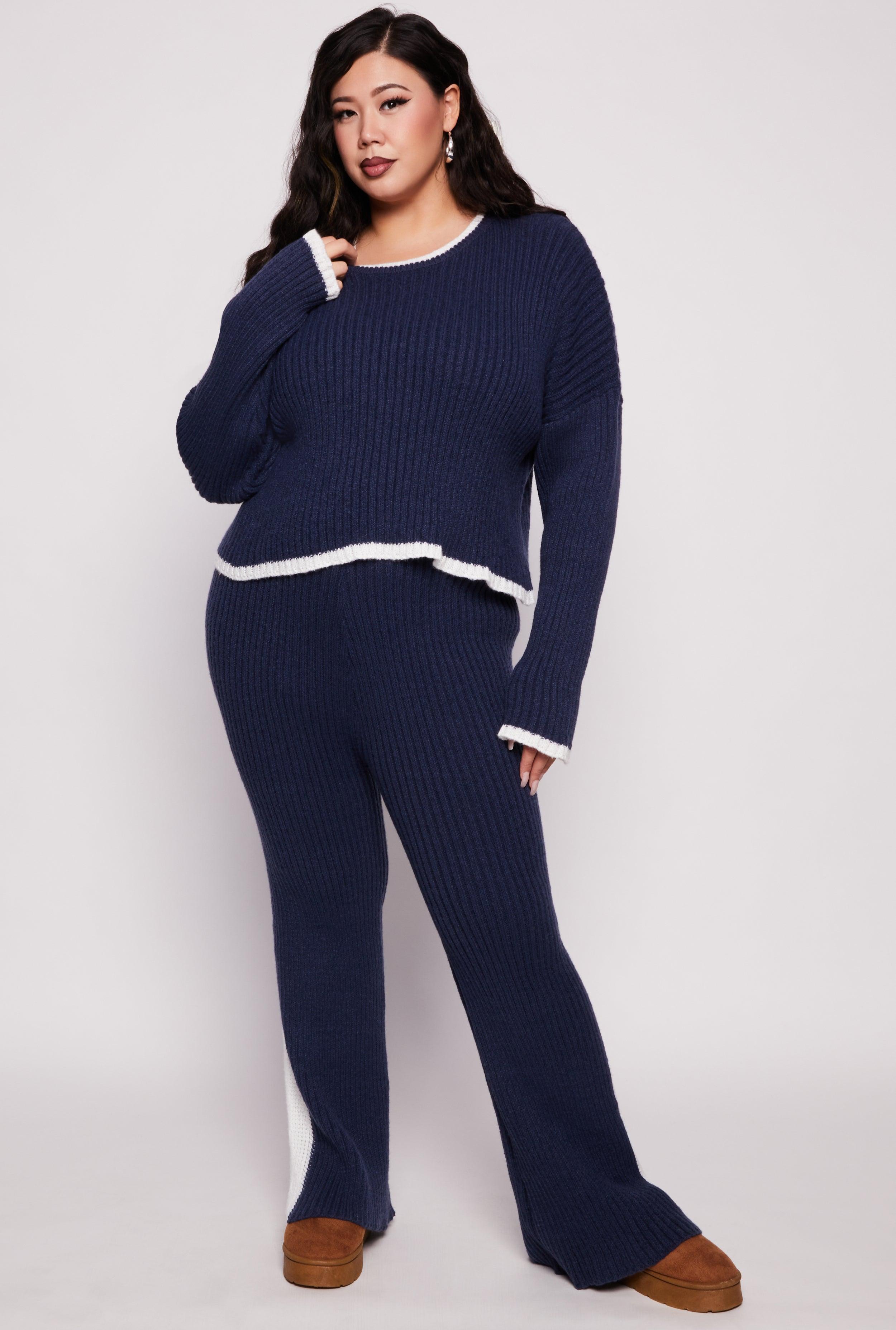 Womens Plus Size Knit Contrast Stripe High Waist Flare Pants Product Image