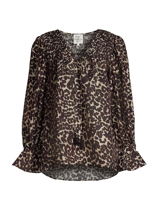 Womens Leopard-Print Smocked Blouse Product Image