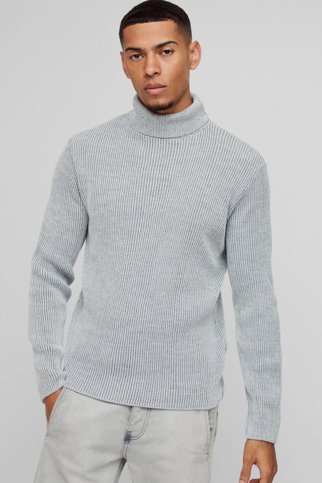 Regular Fit Funnel Neck Plated Ribbed Knit Jumper | boohooMAN USA Product Image