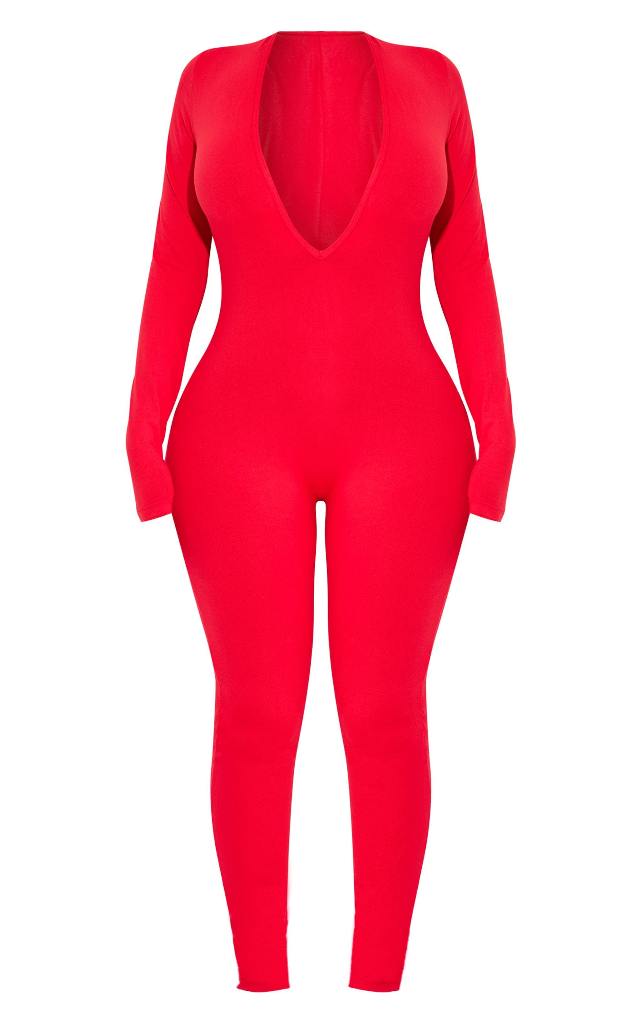 Shape Red Sculpted Long Sleeve Plunge Front Jumpsuit Product Image