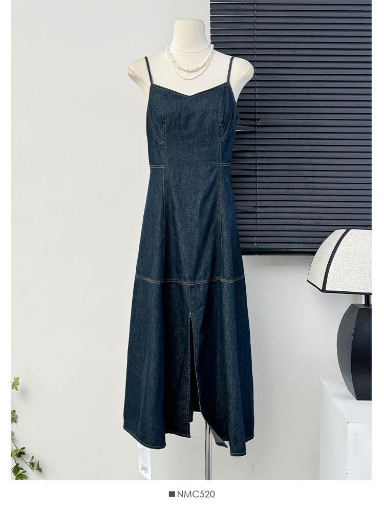 Sleeveless Slit-Front Denim A-Line Midi Dress Product Image