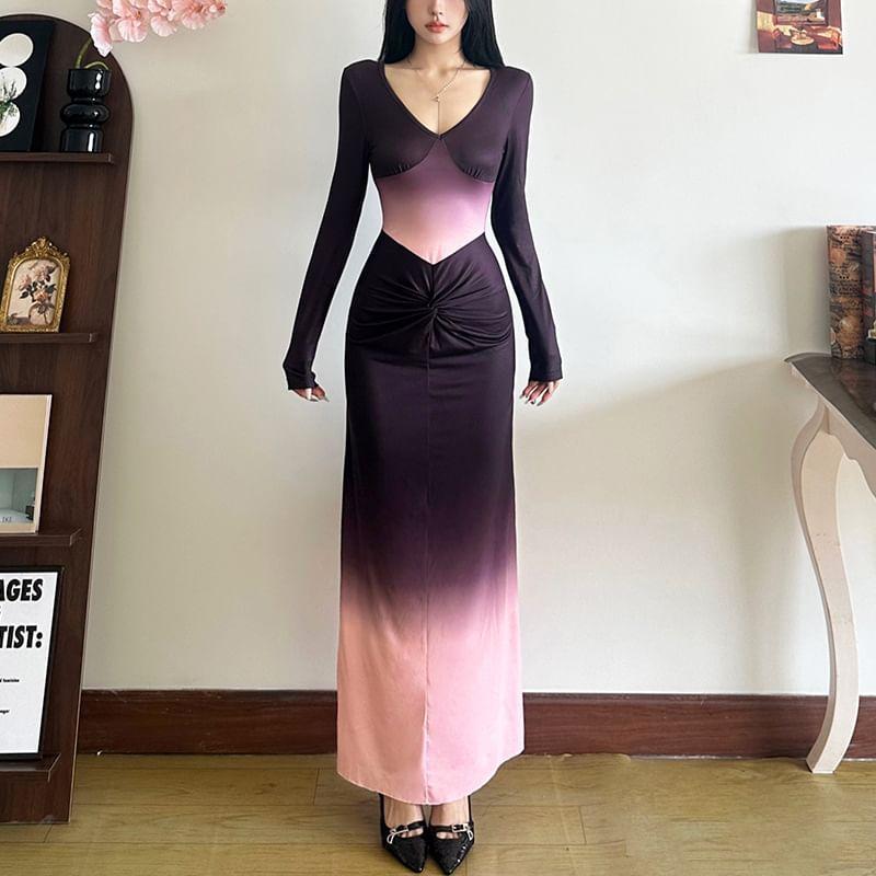 Long Sleeve V-Neck Gradient Ruched Maxi Sheath Dress Product Image