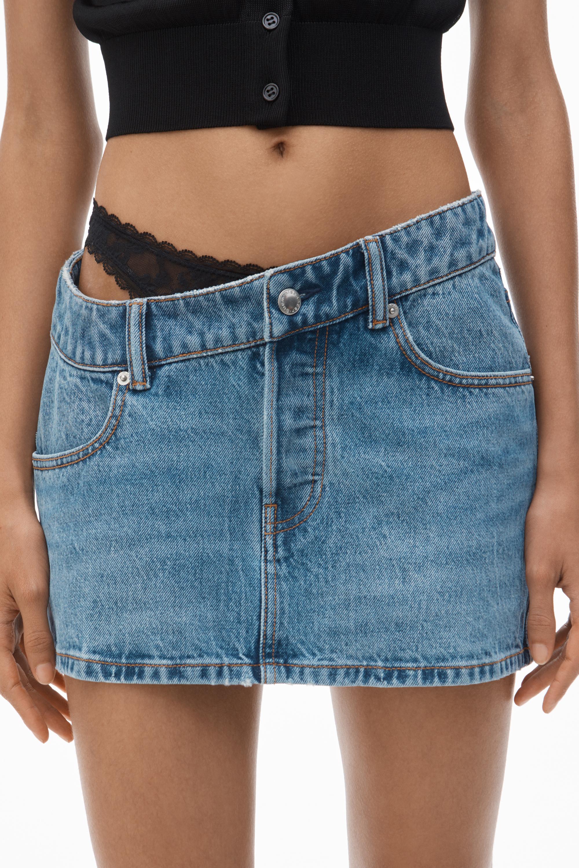 Pre-styled Denim Skirt With Asymmetrical Lace Waistband Product Image